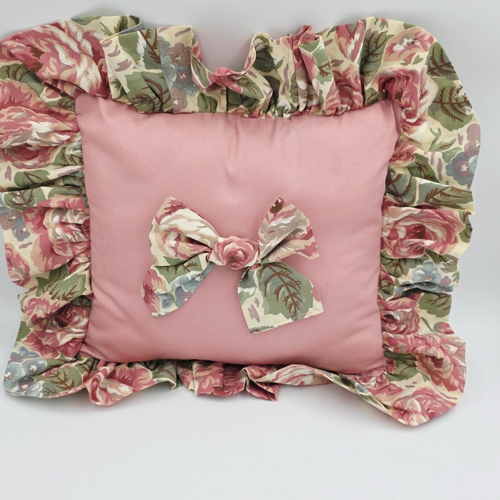 Vintage Pink Floral Ruffle Throw Pillow with Bow Cottagecore Shabby Chic Accent